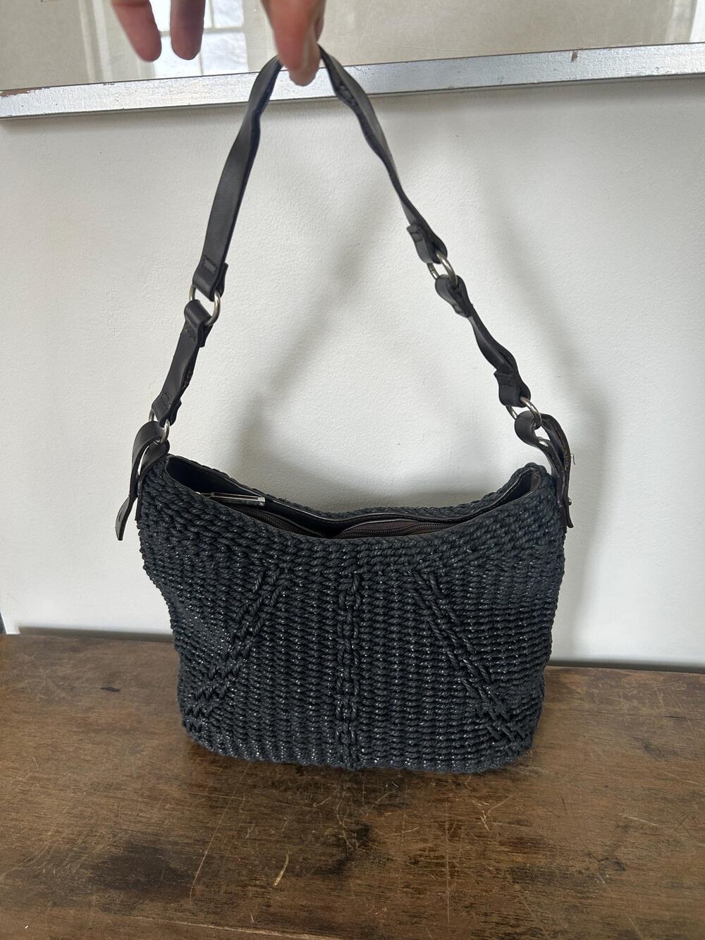 90s Black Straw Hobo Bag | Vintage Shoulder Purse | Liz Claiborne Boho Handbag
